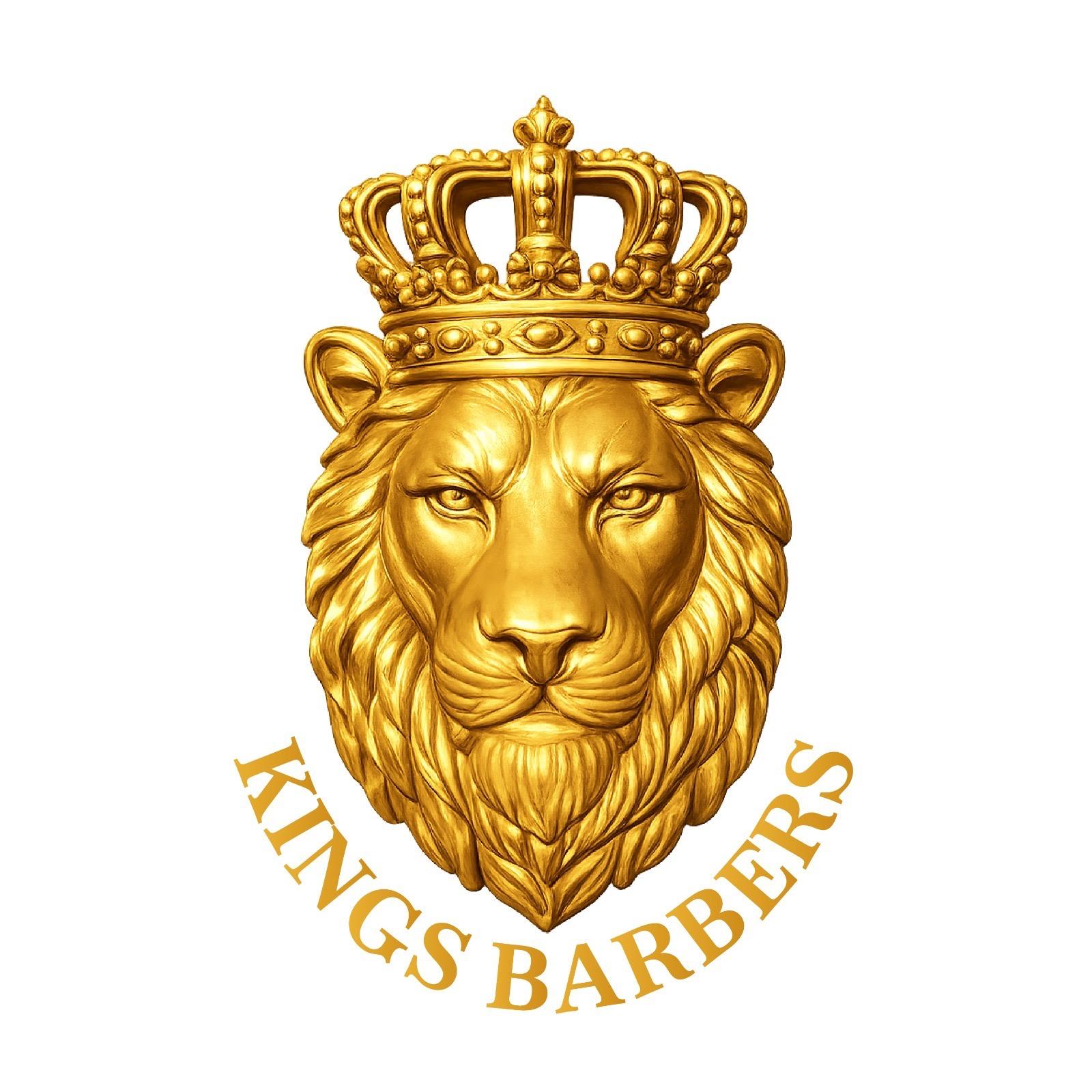 Kings Barber gold lion logo on white